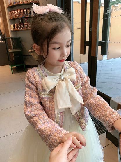 2PCS Sweet Outfits Kids Girls Princess Clothes Sets Spring Autumn Children Fashion Coat +Dress Vintage Outfits Suit