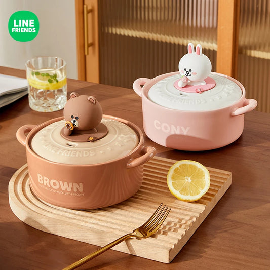 LINE FRIENDS Double Ear Instant Noodles Bowl for Home Dining Dormitory Student Rice Bowl Dish Ceramic Soup Bowl Dormitory Bowl