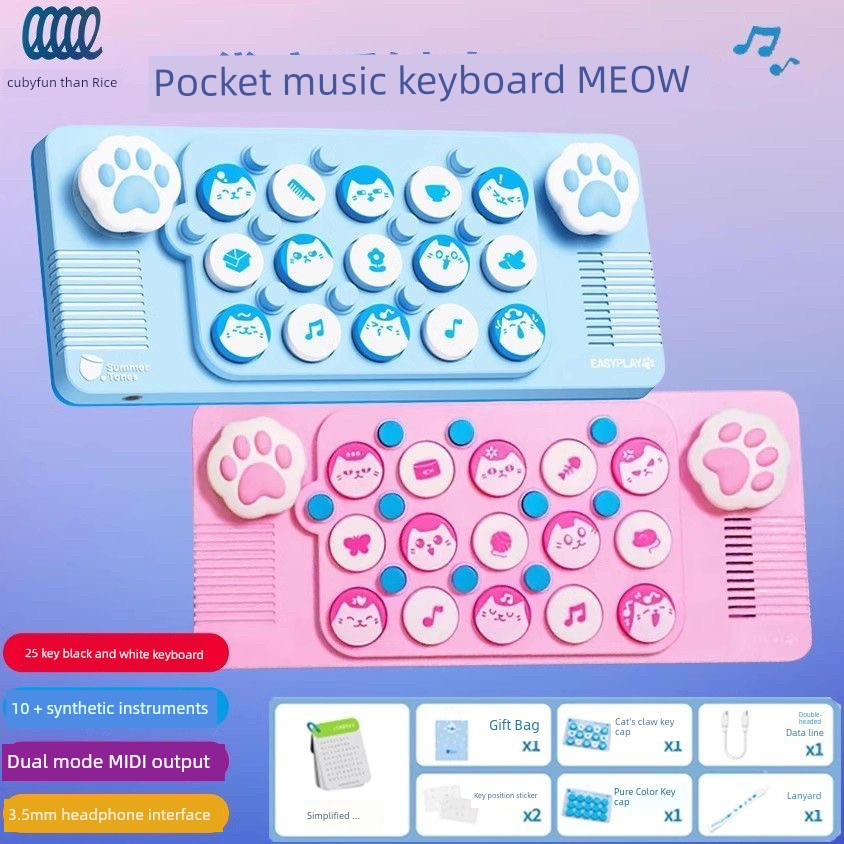 Pocket Music Keyboard Meow Cat Cat Paw Pink Blue Electronic Keyboard MIDI Piano Light Meet Christmas Gift