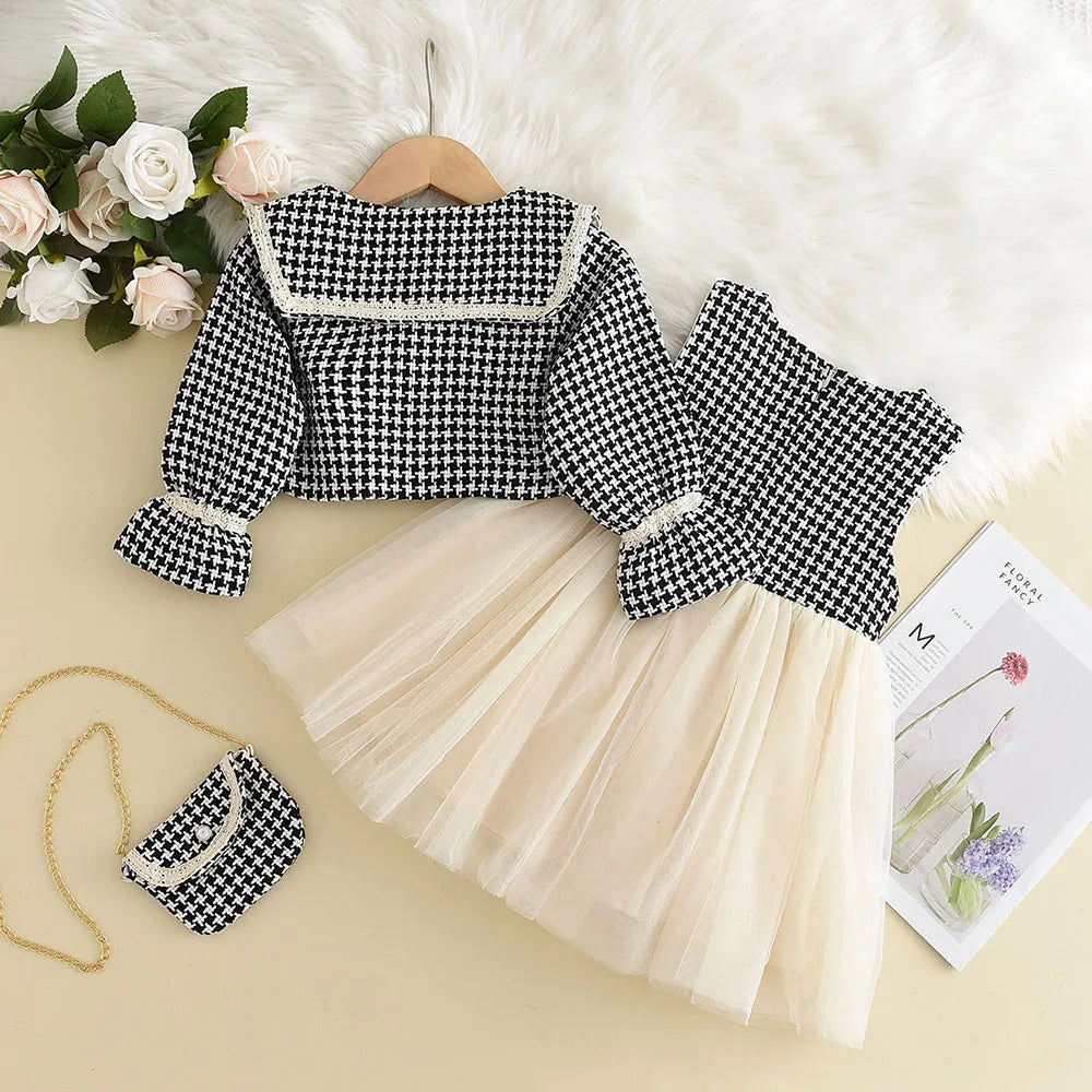 Bear Leader Girls' Dress Set 2023 Spring/Autumn New Girls' Round Neck Sleeveless Dress+Ruffled Button Pocket Coat Two Piece Set