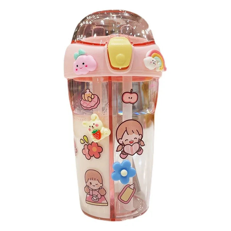 430ml Cute Children Double Drinking Water Bottle Straw Portable Student Couple Plastic Cup Gift School Kids