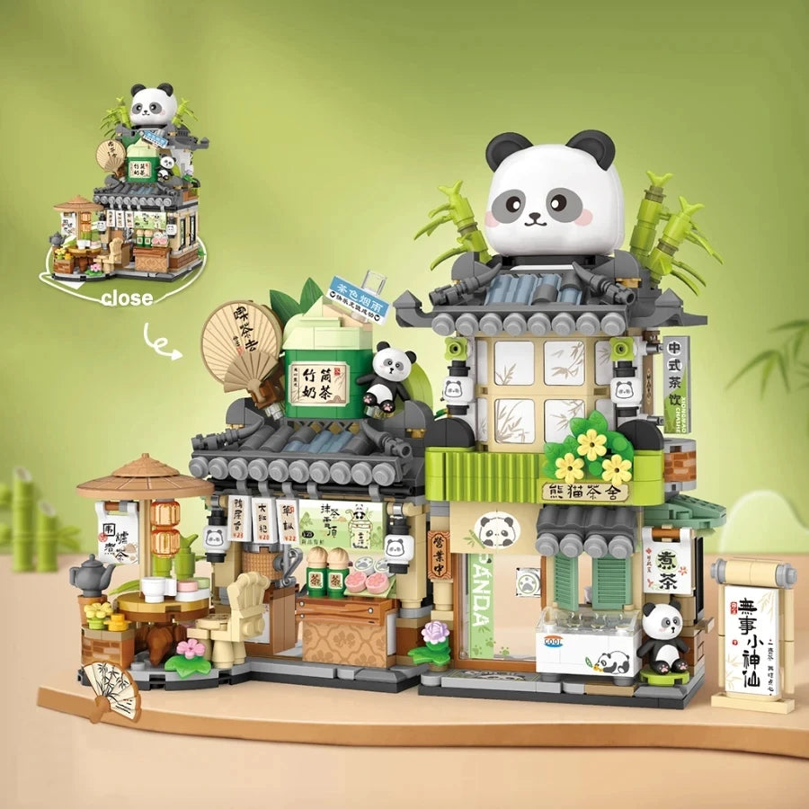 Street View Series Building blocks Izakaya Shaved Ice Shop Takoyaki Shop Coffee shop Panda Tea House model children's gift