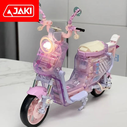 Genuine JAKI Building Blocks Motorcycle Models With Lights Electric Bicycle Toys Trendy Ornaments Girls New Year Gifts