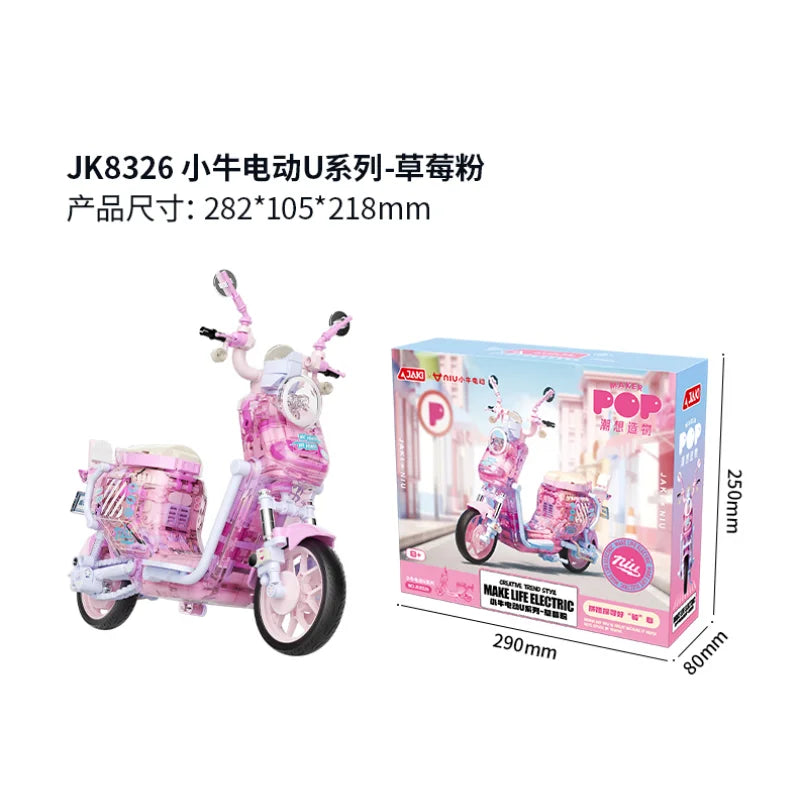 Genuine JAKI Building Blocks Motorcycle Models With Lights Electric Bicycle Toys Trendy Ornaments Girls New Year Gifts