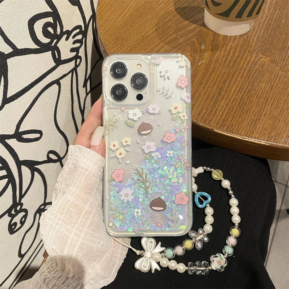 Silicone Bling Glitter Clear Phone Case For iPhone 16 15 14 13 12 Pro Max 11 Dynamic Liquid Quicksand Cover Flowers Pattern