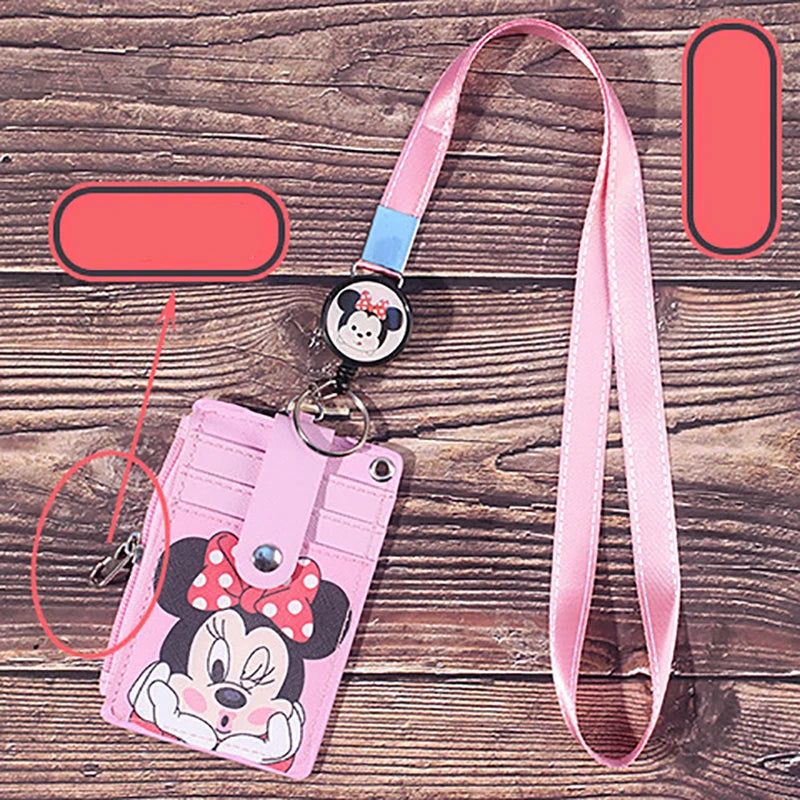 Disney Anime Mickey Hanging Neck Retractable Card Holder Campus Cartoon Stitch Id Card Shell Leather Case Bus Card Bag Gift