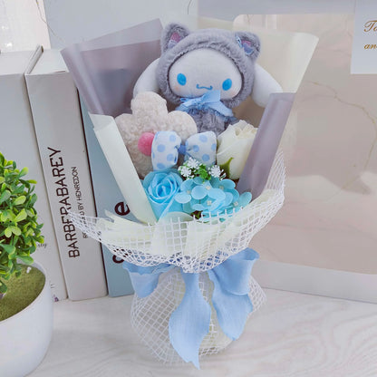 Cartoon My Melody Kuromi Cinnamoroll Kt Cat Plush Doll Holding Flower Bouquet Valentine's Day Christmas Graduation Birthday Gift