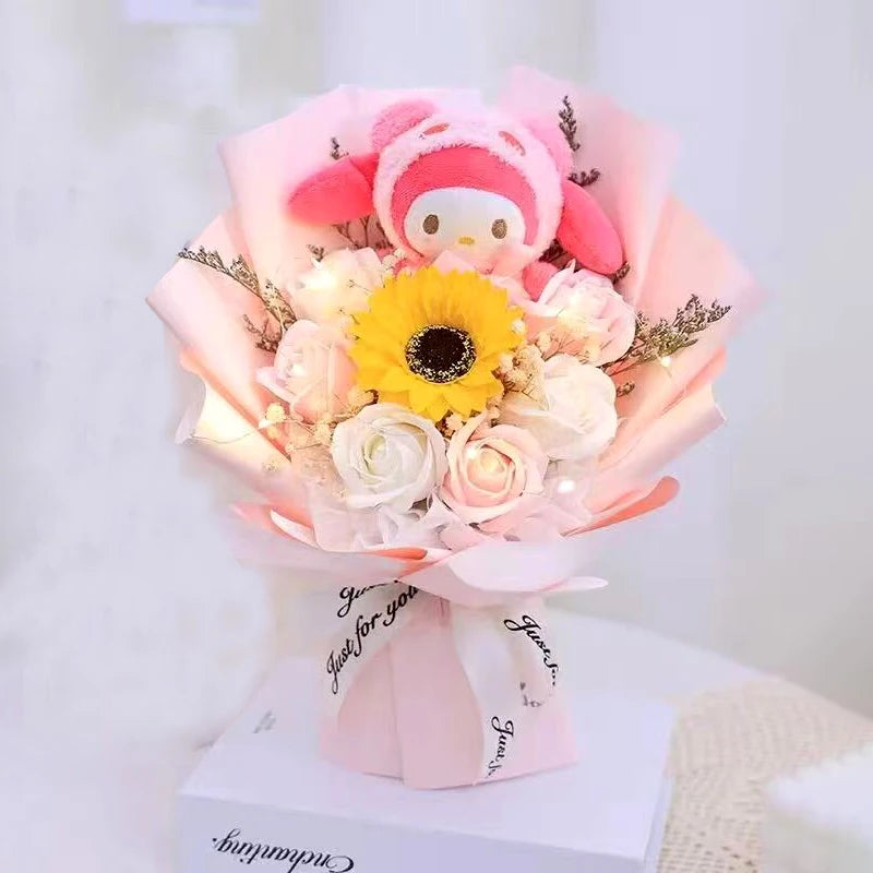 My Melody Anime Kuromi Plush Toy Cinnamoroll Handmade Cartoon  Flower Bouquet Valentine's Day Christmas Birthday Holiday Gifts