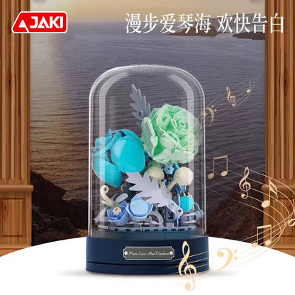 Jaki Building Block Flower Preserved Fresh Flower Rotating Music Box Rose Bouquet Assembled Toy Music Box Girl Gift