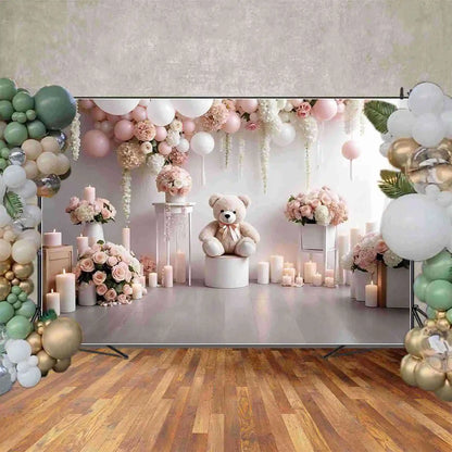 MOON.QG Teddy Bear One Birthday Backdrop Baby Shower Garland Floral Flower Backgrounds Custom Party Decoration Photocall Props