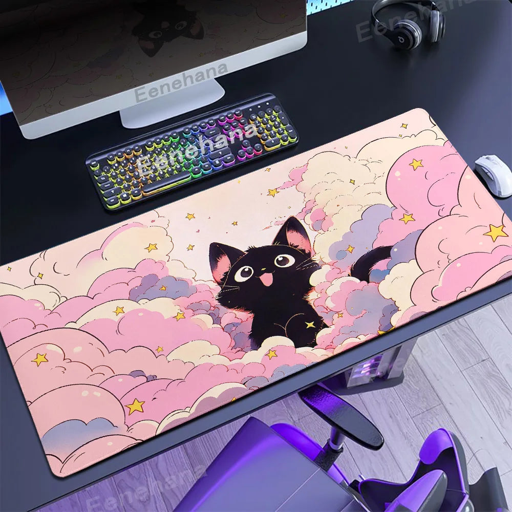 The Black Cat on the Clouds Keyboard Mouse pad Kawaii Art style patterns Pink Desk Mat PC Gamer Rug Office Carpet Home Table pad