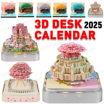 3D Desk Calendar 2025 Time Piece Calendar with LED Light Paper Carving Calendar Memo Pad Calendar for House Sculpture Present