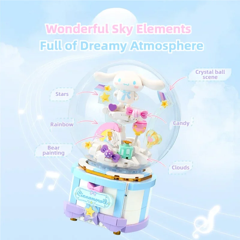 Sanrio Series Building Blocks Cinnamoroll Rotating Music Box Model Bricks Desktop Decoration Kids DIY Toys Idea Holiday Gifts