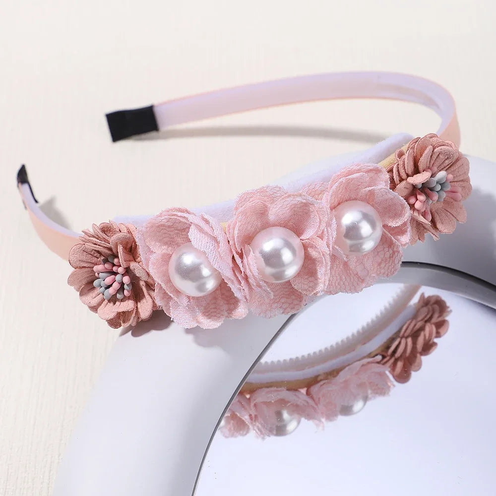 Handmade Head Flower Girls Headbands Baby Hairband Pearl Feather Wedding Princess Kids Dance Party Headwear Newborn Accessories