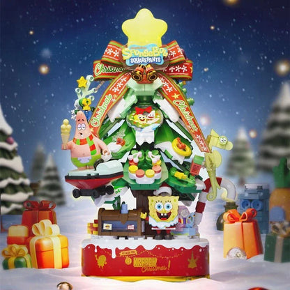 SpongeBob SquarePants Building Blocks Merry Christmas Tree Music Box Bricks Light Desktop Decoration Assembly Toys For Kids Gift