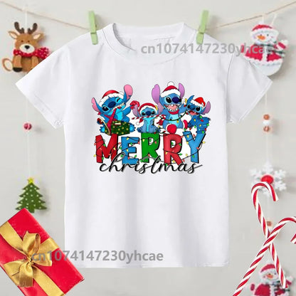 Merry Christmas Lilo Stitch Kids Tshirts Baby Holiday T-Shirt Tees Girls Party T Shirt with Clothes Kids Fashion Tops Tshirt