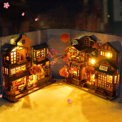 DIY Book Nook Kit with LED Light 3D Wooden Puzzle Bookend Miniature Dollhouse Model Building Set Craft Retro Home Decor