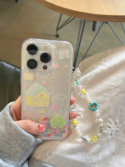 Shiny blingbling Quicksand glitter ins family bow cute bracelet phone case for iphone 11 12 13 promax 14 15 16 pro max cover