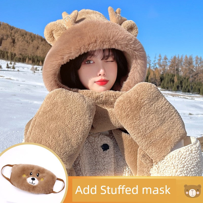 Cute Bear Hat Heattech Scarf Integrated Hooded Women's Autumn and Winter Heattech Gloves Thick Fleece Three-Piece Set