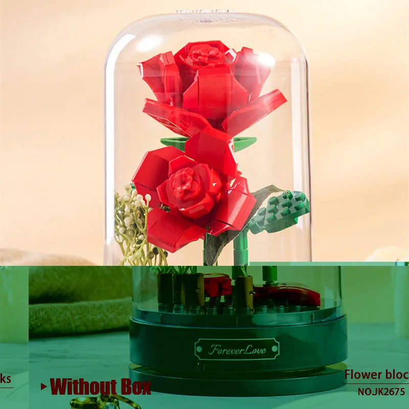 Jaki Building Block Flower Preserved Fresh Flower Rotating Music Box Rose Bouquet Assembled Toy Music Box Girl Gift