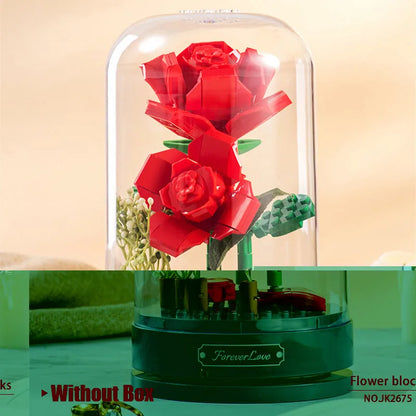 Jaki Building Block Flower Preserved Fresh Flower Rotating Music Box Rose Bouquet Assembled Toy Music Box Girl Gift