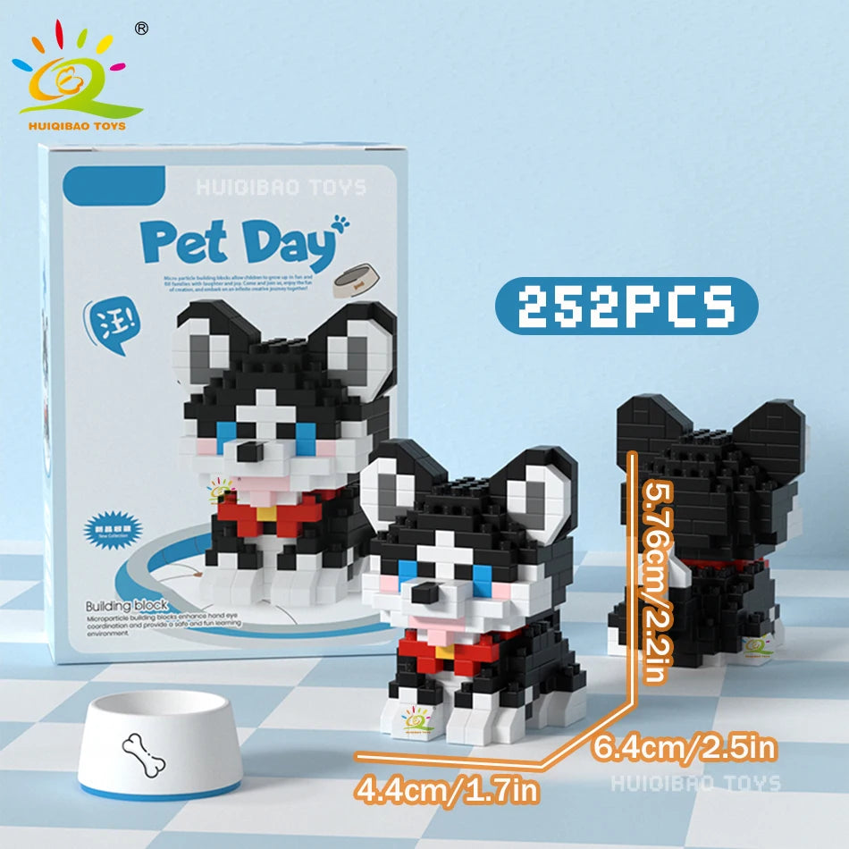 HUIQIBAO MINI Working Cat Pet Dog Micro Model Building Block Set Kids City Cartoon Animal Diamond Bricks Educational Toys Adult