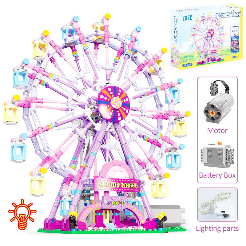 ZKZC Cherry blossom color City Friends Seven Colors LED Rotating Ferris Wheel Building Blocks Electric Bricks Toy Children Gifts