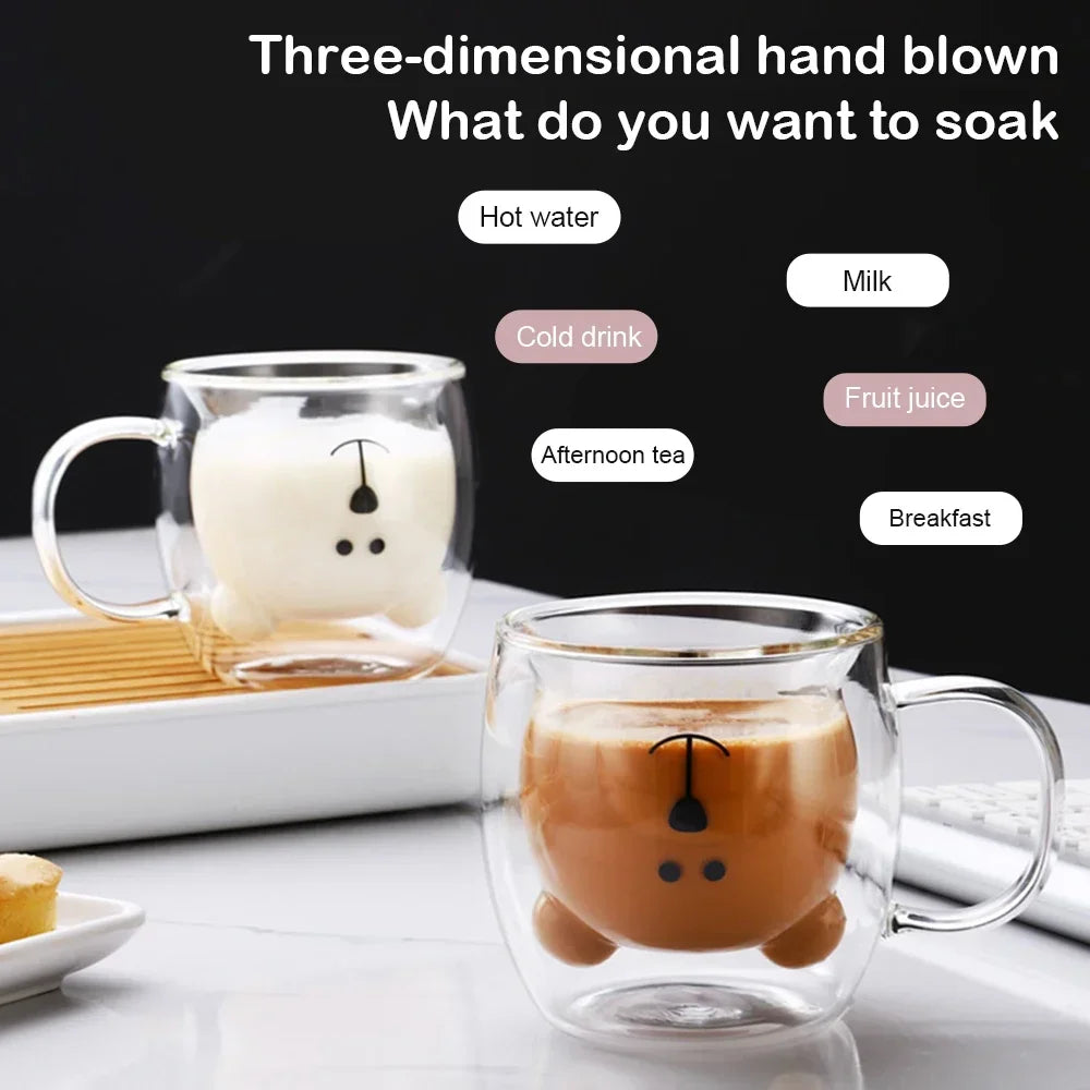 New 3D Bear Creative Transparent Heat-resistant Double Glass Cup Coffee Mug Milk Juice Teacup with Handle Christmas Kids Gift