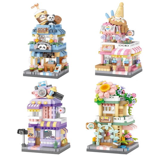 City Street View Building Block Set DIY Ice Cream Coffee Flower Shop Model Building Toy Ideal for Home Decor and Holiday Gifts