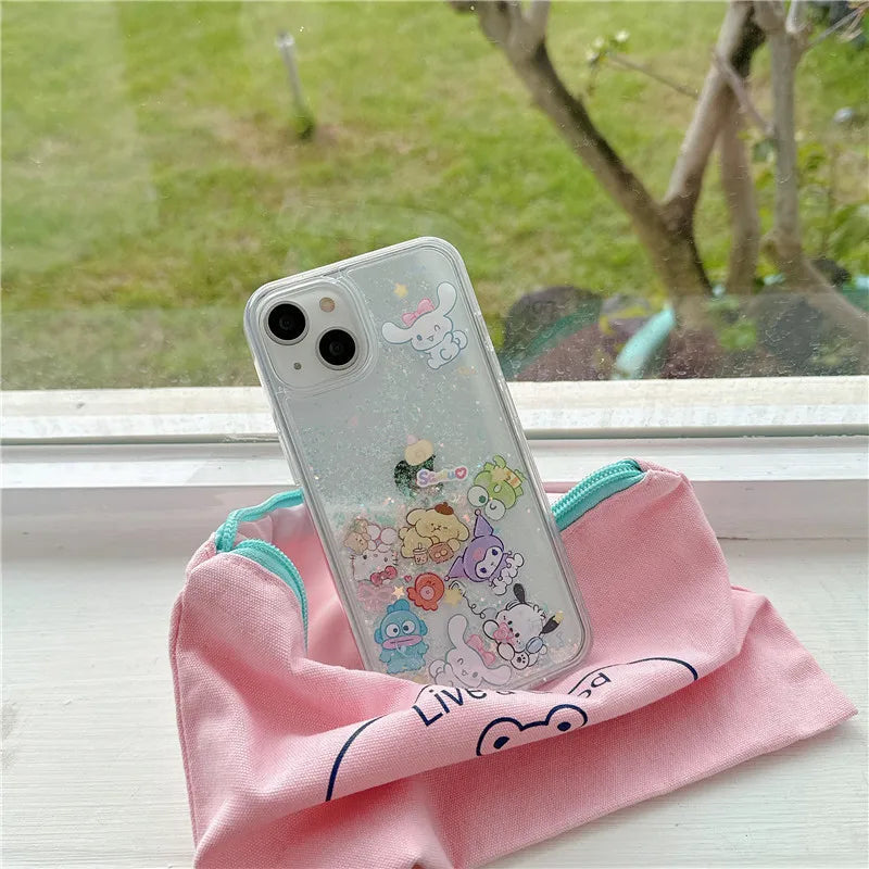 Sanrio Hello Kitty Pochacco Kuromi Melody Bling Glitter Quicksand Phone Case For iPhone 15 14 Plus 13 12 11 Pro Max Clear Cover