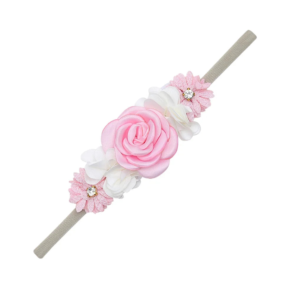 5Pcs/Lot Artificial Flower Baby Headband Newborn Boys Girls Fake Floral Nylon Hair Bands Princess Rhinestone Hair Accessories