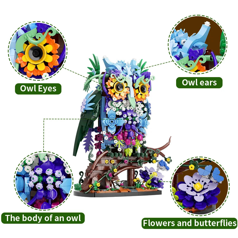 1241PCS Owl Animal Flowers Building Toy Set MOC Floral Collectible Model for Home Decor Office Art Halloween Christmas Gifts