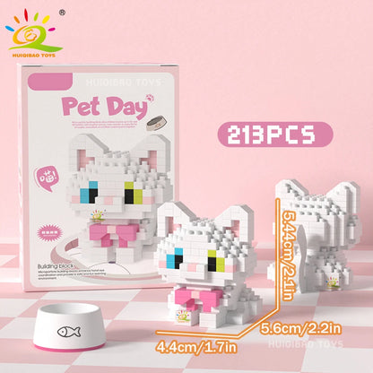 HUIQIBAO MINI Working Cat Pet Dog Micro Model Building Block Set Kids City Cartoon Animal Diamond Bricks Educational Toys Adult