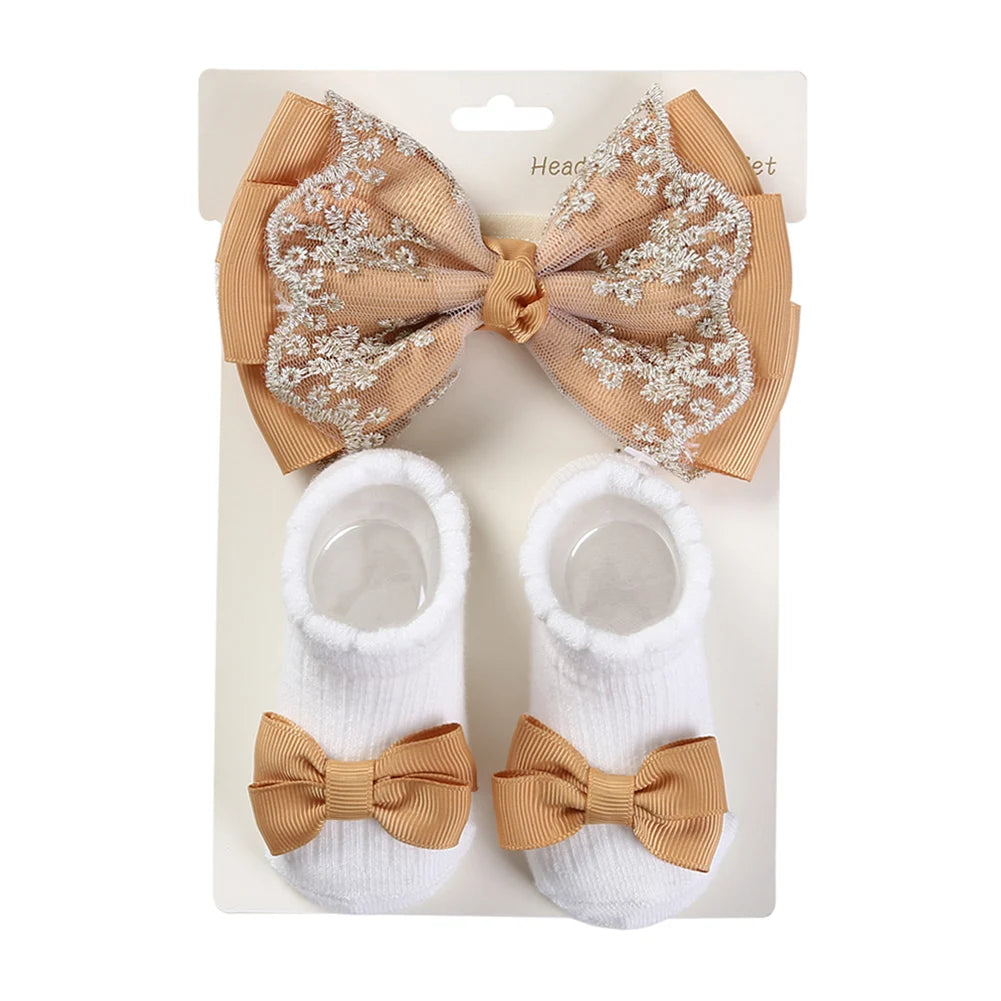 3Pcs/Set Solid Cotton Baby Non-Slip Socks Mini Ribbon Bow Boutique Gold Lace Elastic Hair Bands 0-12M Princess Girls Headwear