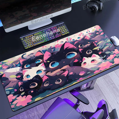 The Black Cat on the Clouds Keyboard Mouse pad Kawaii Art style patterns Pink Desk Mat PC Gamer Rug Office Carpet Home Table pad