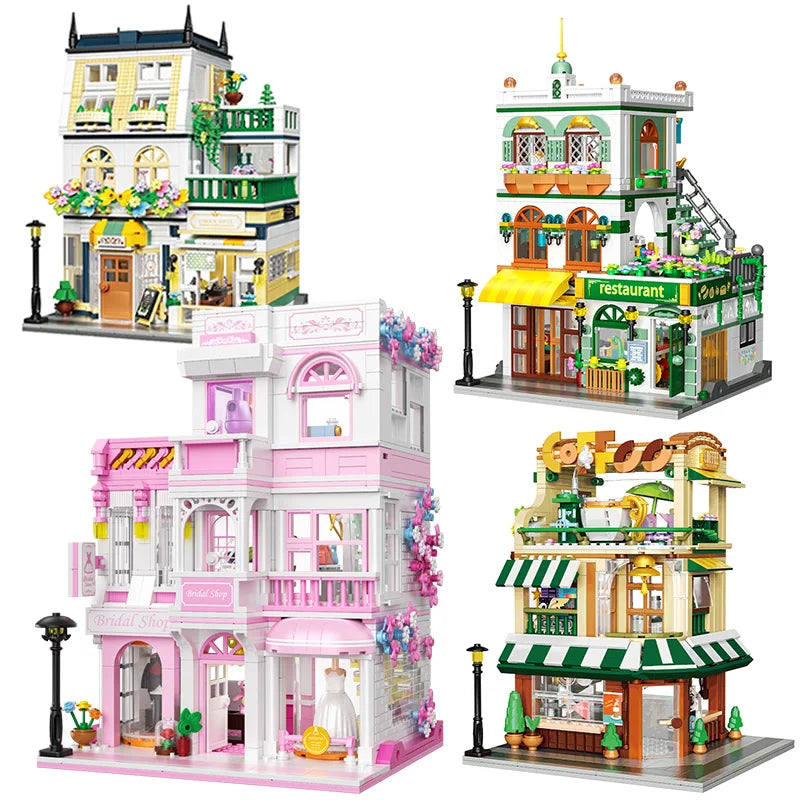 Creative Street View Wedding Salon Manor Garden House Coffee Shop Model Building Blocks City Architecture Mini Bricks Toys Gifts