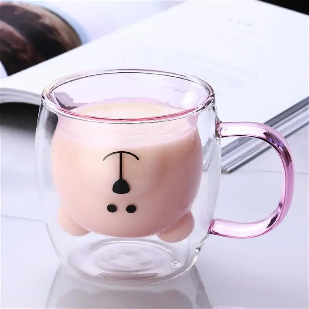 New 3D Bear Creative Transparent Heat-resistant Double Glass Cup Coffee Mug Milk Juice Teacup with Handle Christmas Kids Gift