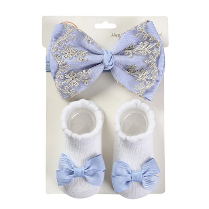 3Pcs/Set Solid Cotton Baby Non-Slip Socks Mini Ribbon Bow Boutique Gold Lace Elastic Hair Bands 0-12M Princess Girls Headwear