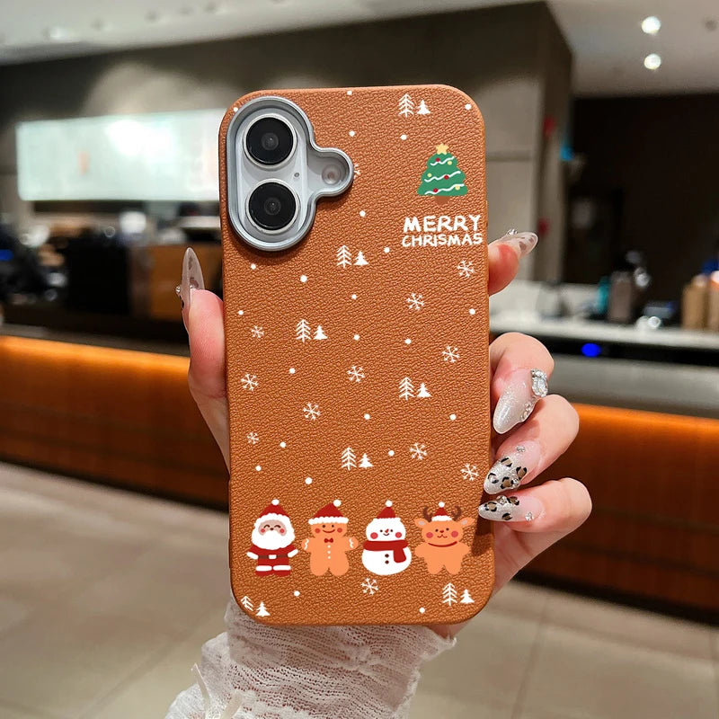 Leather Texture Christmas New Year Case For iPhone 16 15 Pro Max 14 16 Plus 13 12 Pro Max 11 Shockproof Soft TPU Phone Cover