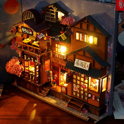 DIY Book Nook Kit with LED Light 3D Wooden Puzzle Bookend Miniature Dollhouse Model Building Set Craft Retro Home Decor