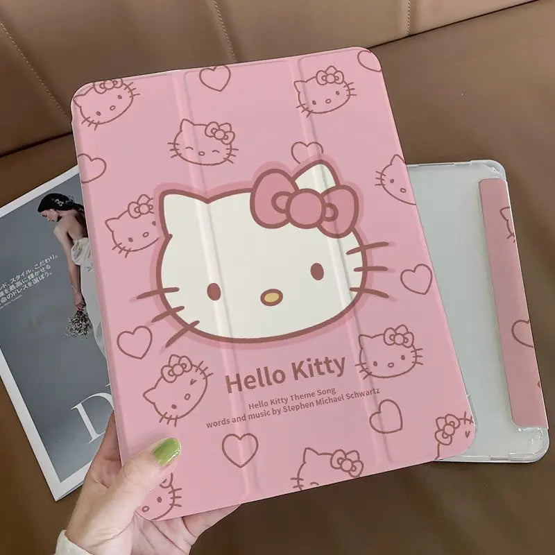 Sanrio Hello Kitty Ipad Protective Cover Tri-Fold Transparent Anime Kawaii KT Print Drop-Proof Waterproof Durable High Value New