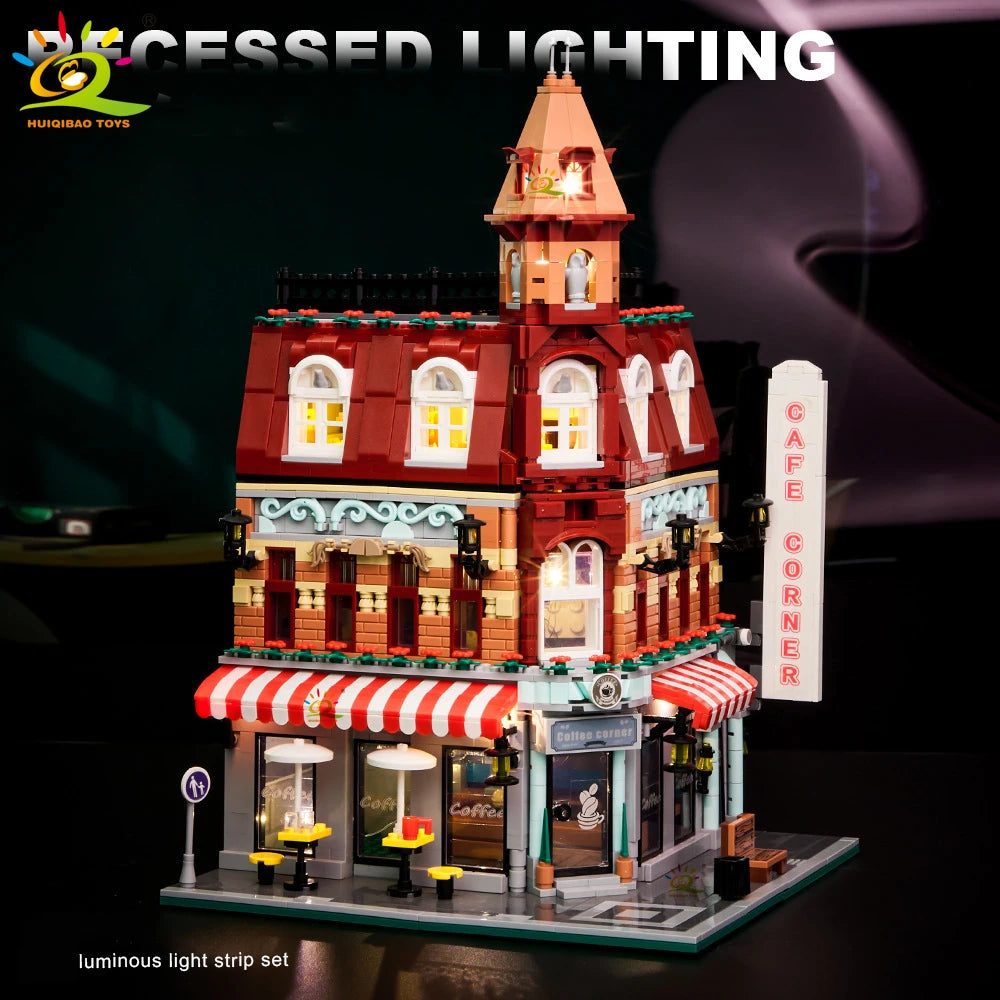 HUIQIBAO Toys MOC City Corner Coffee Shop Architecture Style Street View Micro Building Blocks for Children Construction Bricks