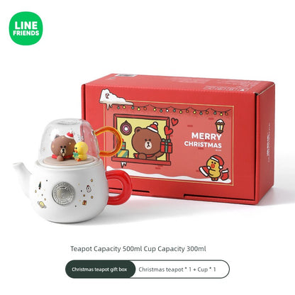 Line Friends Brown Bear Christmas Gift Teapot Ceramic Large Capacity Kettle Water Cup Kung Fu Tea Set Suit