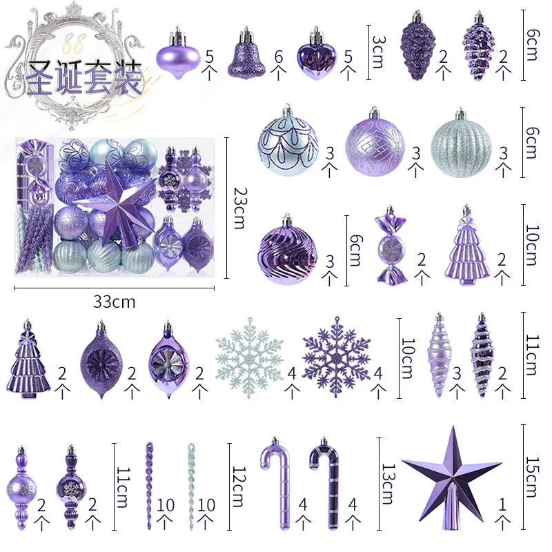 88pcs Christmas Ball Purple Gold Red Green Baubles Xmas Tree Hanging Ornaments Christmas Tree Top Star Decoration for Navidad