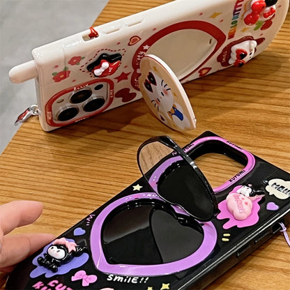 Cartoon Happy Hello Kitty Kuromi with Mirror Telephone Phone Case For iPhone 16 15 14 13 12 11 Pro Max Anti-fall Cover Funda