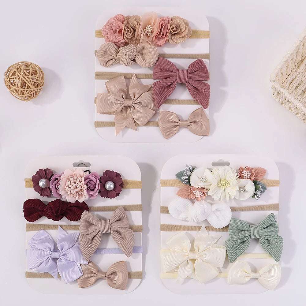 Sweet Elastic Headbands for Baby Girl New Bowknot Knit Nylon Headbands 5Pcs/set Pretty Flower Hairbands Decoration Headwear