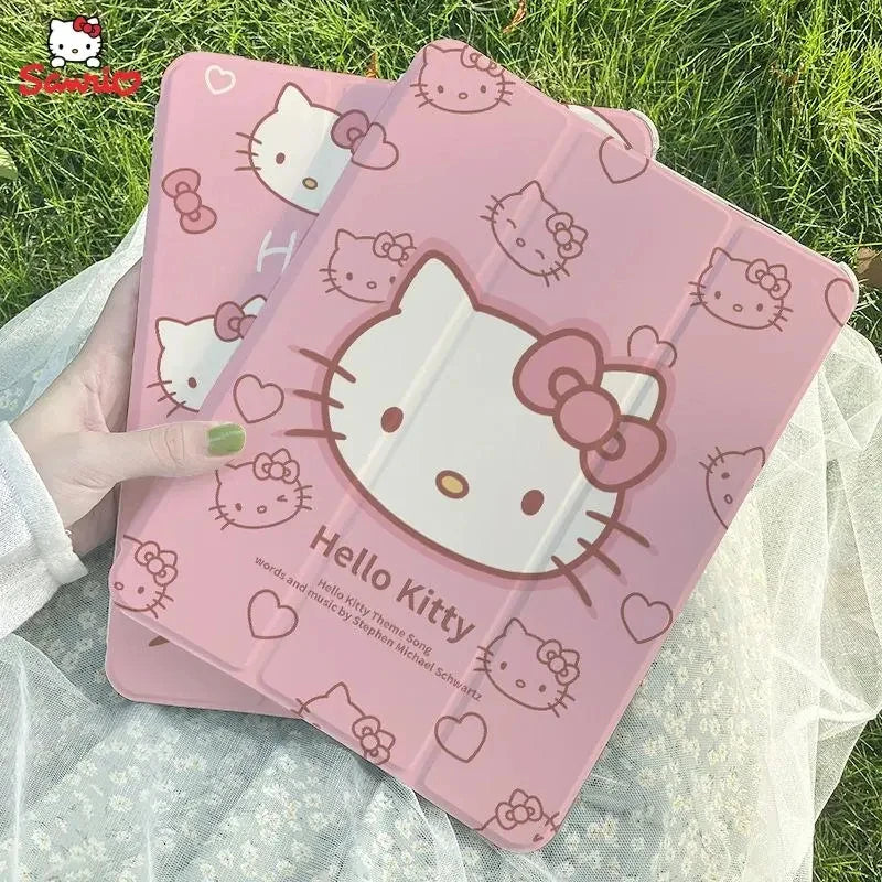 Sanrio Hello Kitty Ipad Protective Cover Tri-Fold Transparent Anime Kawaii KT Print Drop-Proof Waterproof Durable High Value New