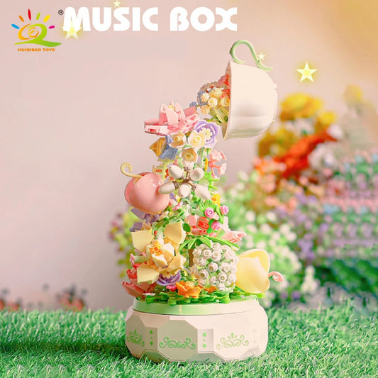 HUIQIBAO 575PCS Romantic Flower Lighting Music Box Building Blocks Home Decor Anime Creative Toy Child Adults Christmas Gifts