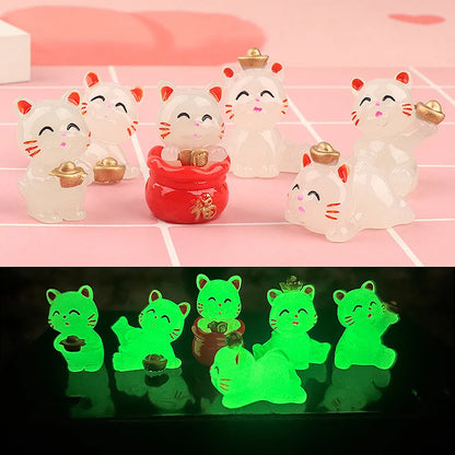 6PCS Creative Glowing Fortune Lucky Cat Micro Landscape DIY Decoration Luminous Cat Mini Figurines Car Office Desktop Ornaments