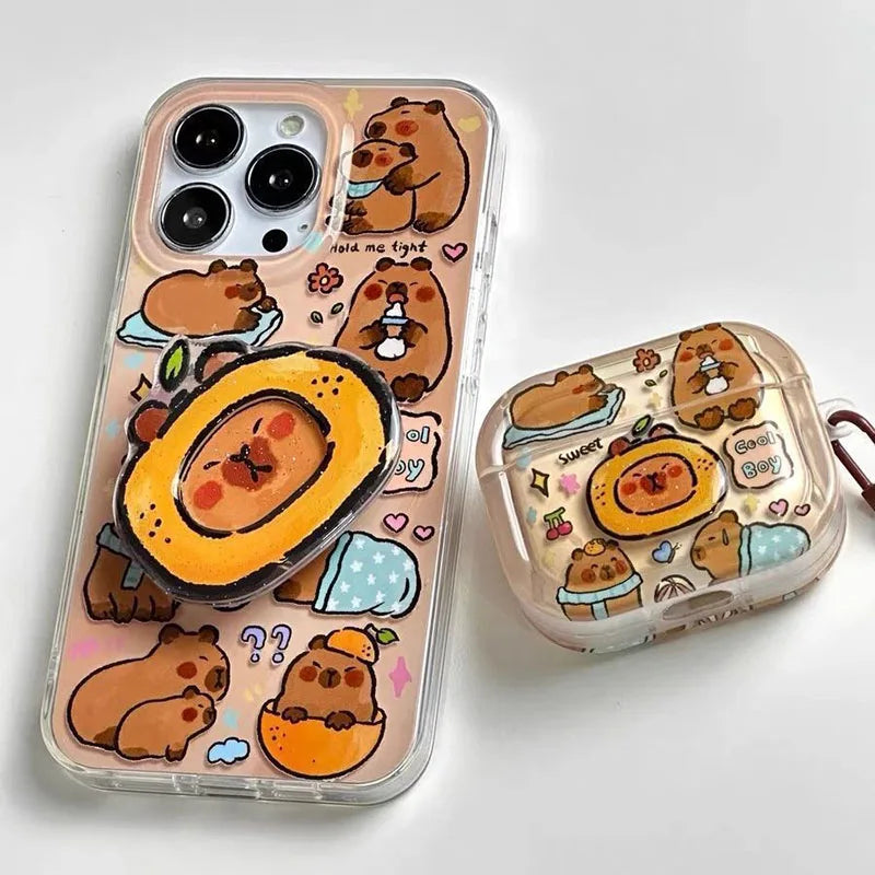 Miniso Tangerine Capybara  Airpods Pro Case Cartoon Airpods 1 2 3 Cute Anime Protectuve Covers Toys for Girl Birthday Gifts